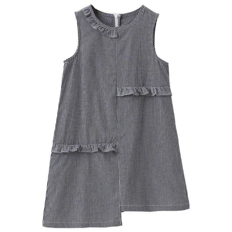 Girls Black Geometric Printed Round Neck Ruffles Cotton A-Line Dress
