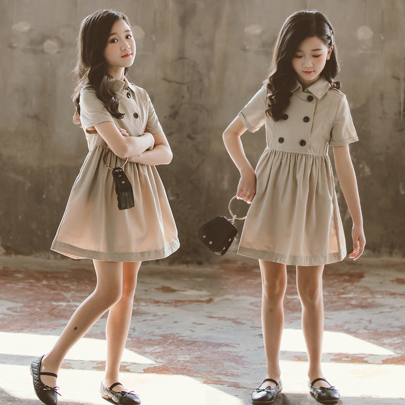 Girls Khaki Shirt Collar Fit and Flare Dress