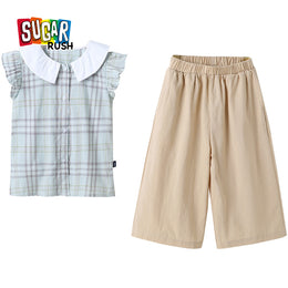 Girls Green Checked Pure Cotton Top With Trouser