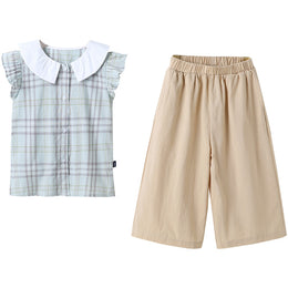 Girls Green Checked Pure Cotton Top With Trouser