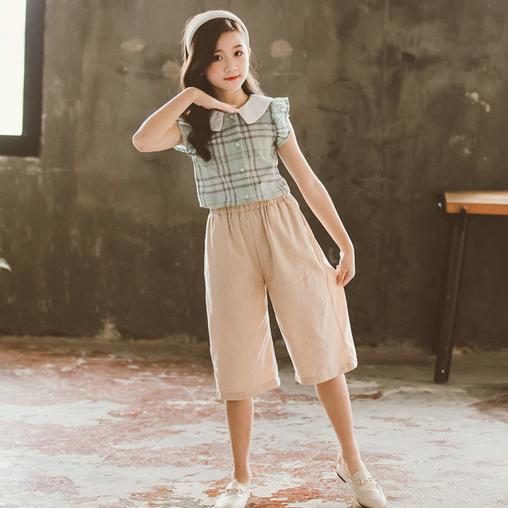 Girls Green Checked Pure Cotton Top With Trouser