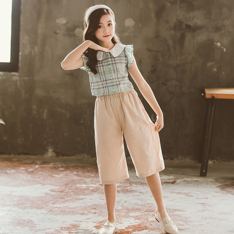 Girls Green Checked Pure Cotton Top With Trouser