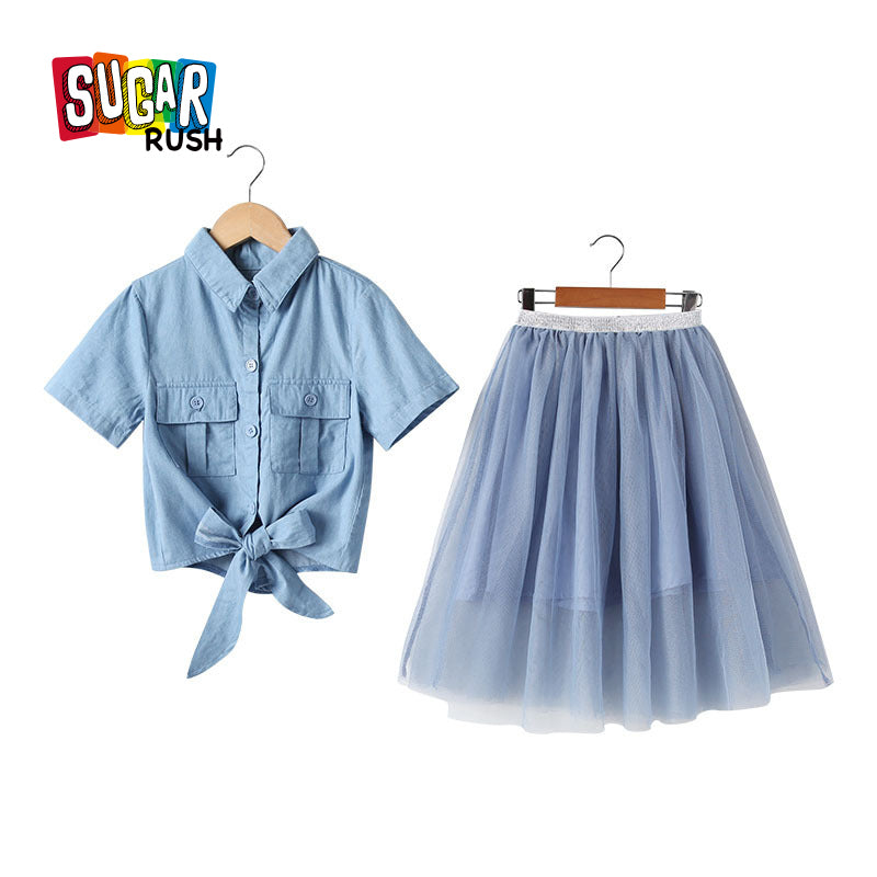 Girls Blue Pure Cotton Shirt With Skirt
