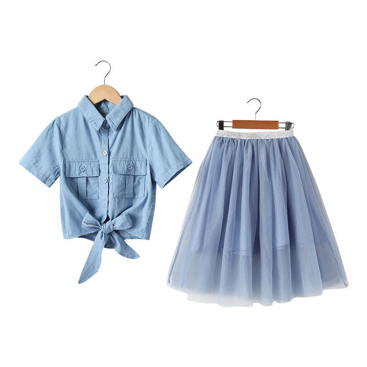 Girls Blue Pure Cotton Shirt With Skirt