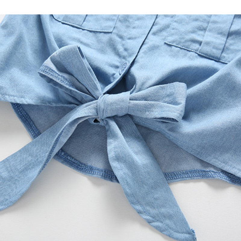 Girls Blue Pure Cotton Shirt With Skirt
