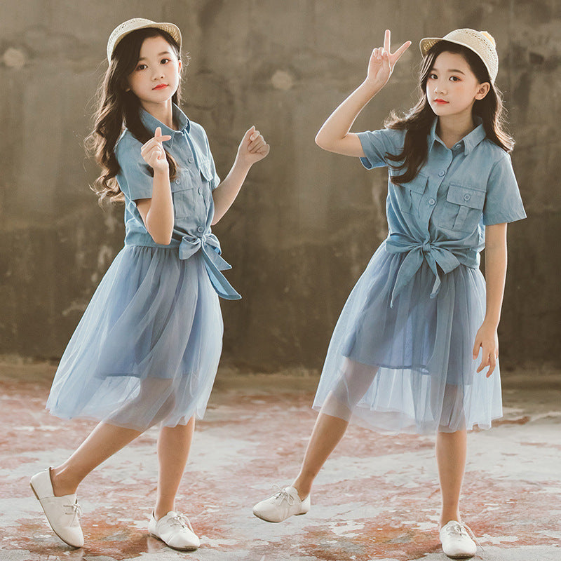 Girls Blue Pure Cotton Shirt With Skirt