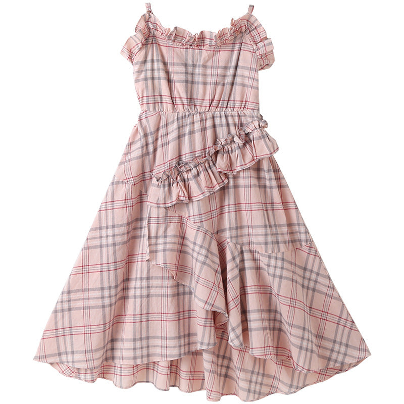 Girls Pink & Grey Checked Layered Fit & Flare Midi Cotton Dress
