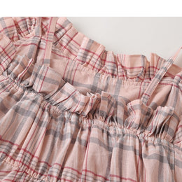 Girls Pink & Grey Checked Layered Fit & Flare Midi Cotton Dress