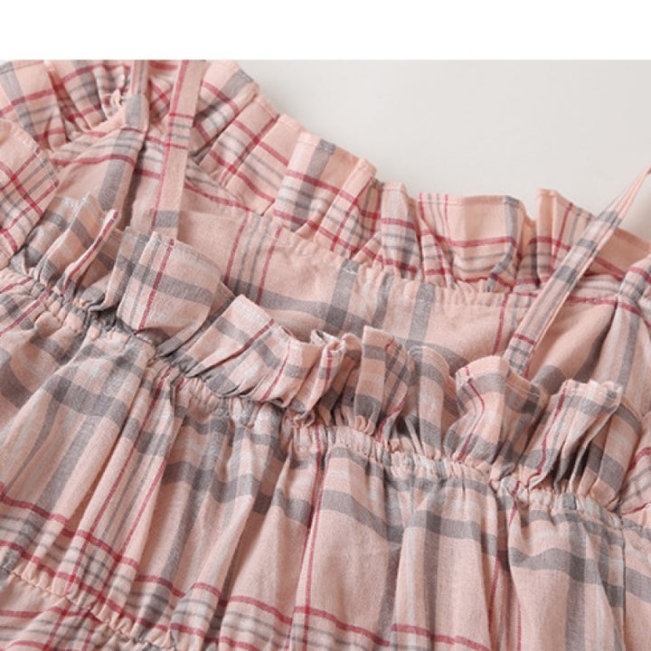 Girls Pink & Grey Checked Layered Fit & Flare Midi Cotton Dress