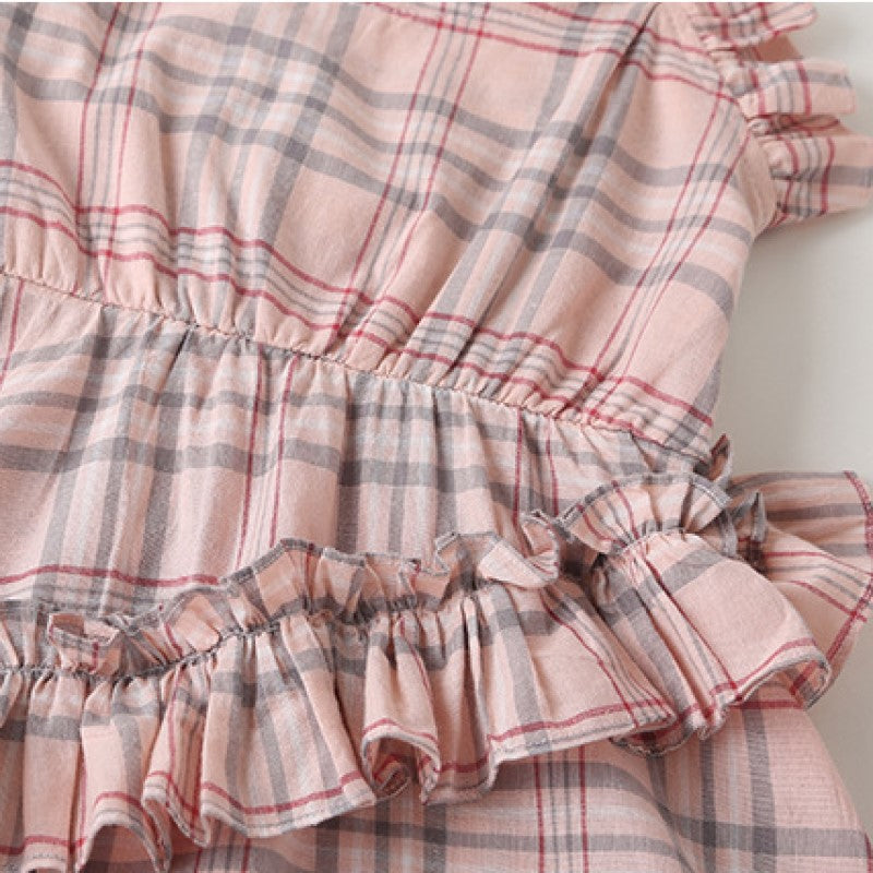Girls Pink & Grey Checked Layered Fit & Flare Midi Cotton Dress