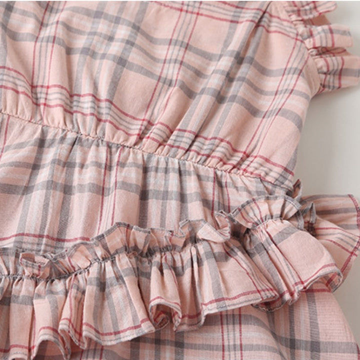 Girls Pink & Grey Checked Layered Fit & Flare Midi Cotton Dress