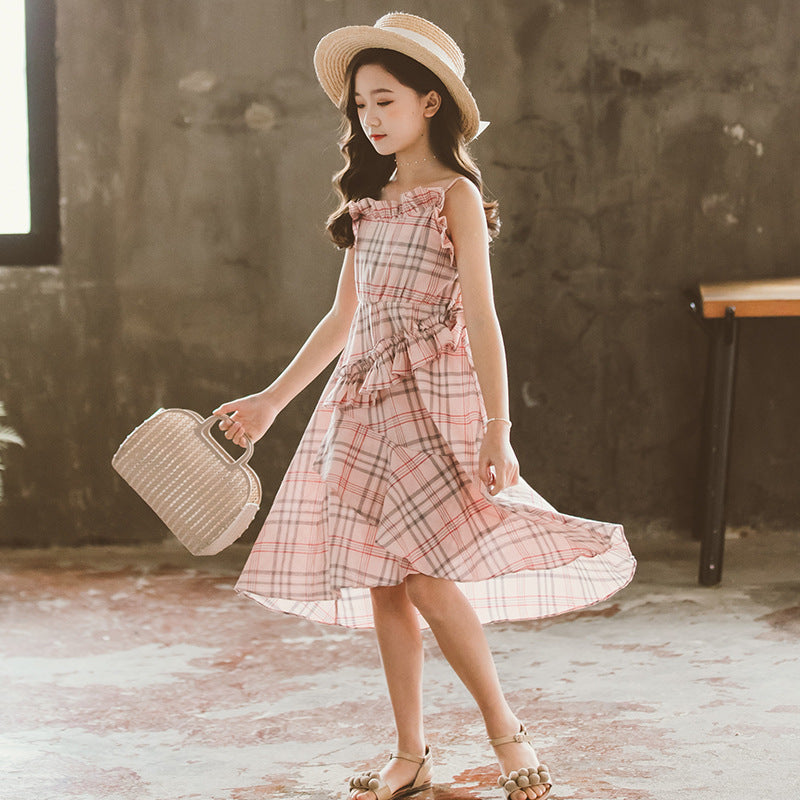 Girls Pink & Grey Checked Layered Fit & Flare Midi Cotton Dress