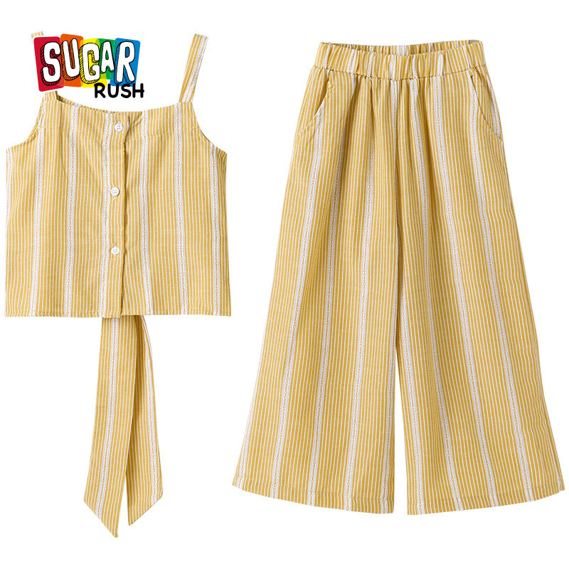 Girls Yellow Striped Shoulder Straps Pure Cotton Top with Palazzos