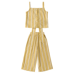 Girls Yellow Striped Shoulder Straps Pure Cotton Top with Palazzos