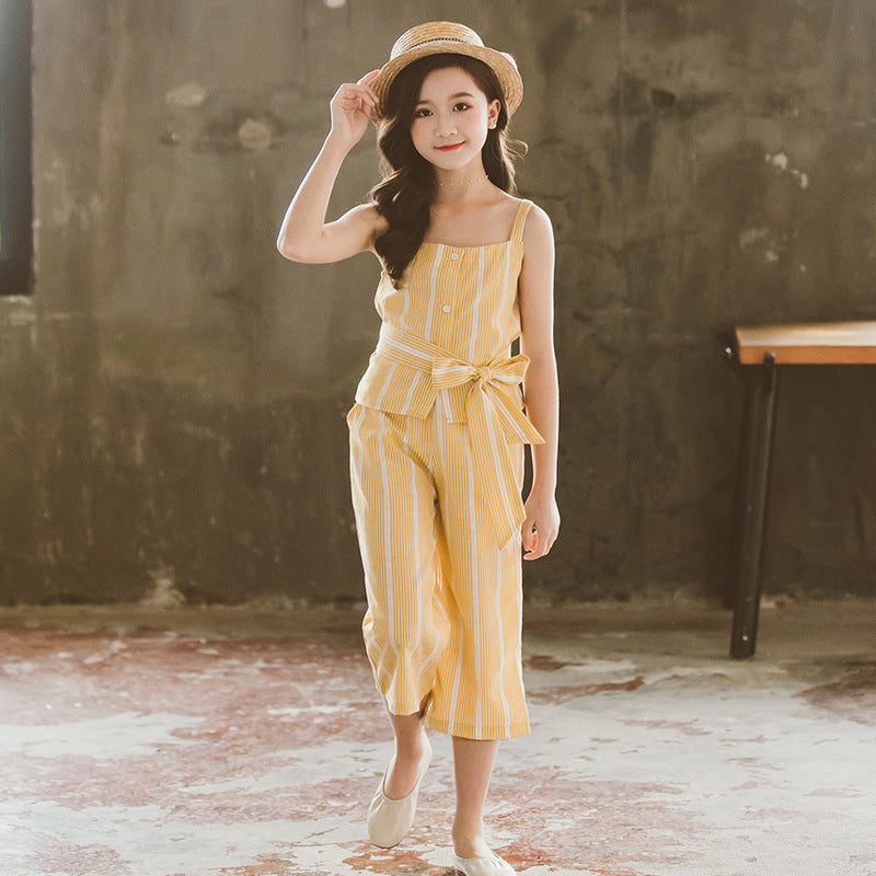 Girls Yellow Striped Shoulder Straps Pure Cotton Top with Palazzos