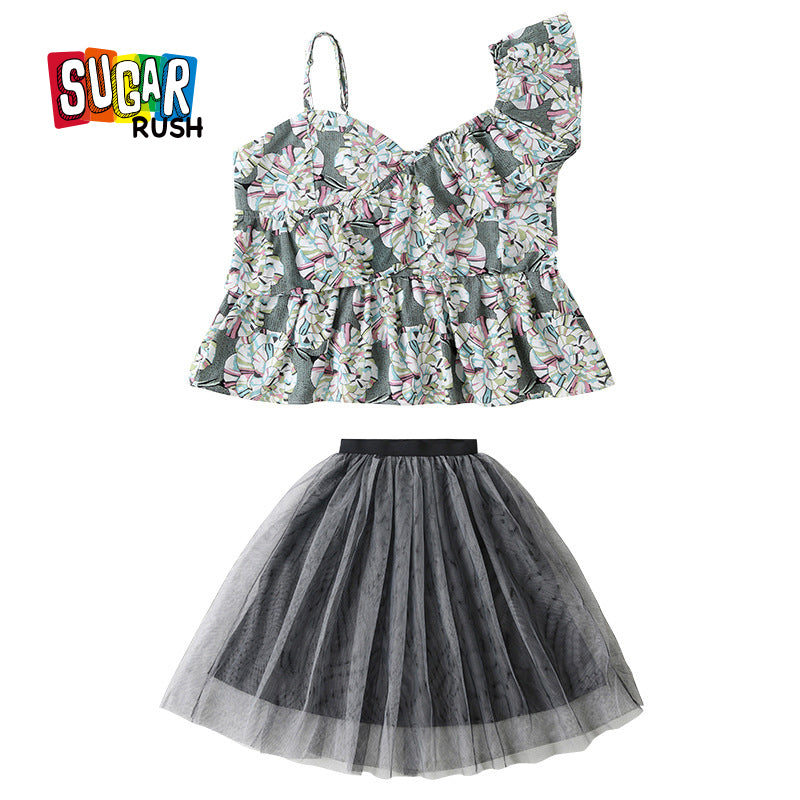 Girls Green Floral Printed One Shoulder Pure Cotton Ruffles Top with Skirt