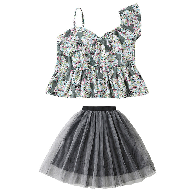 Girls Green Floral Printed One Shoulder Pure Cotton Ruffles Top with Skirt