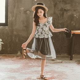 Girls Green Floral Printed One Shoulder Pure Cotton Ruffles Top with Skirt