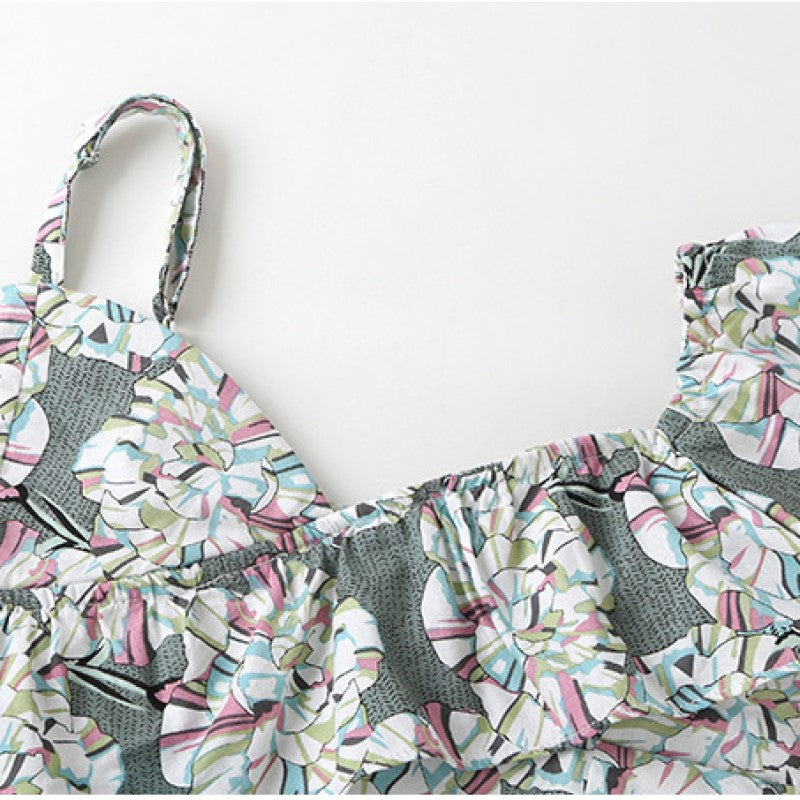 Girls Green Floral Printed One Shoulder Pure Cotton Ruffles Top with Skirt