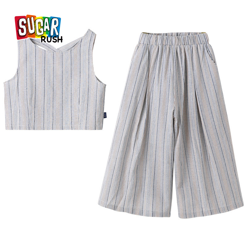 Girls Grey Striped Pure Cotton Top with Palazzos