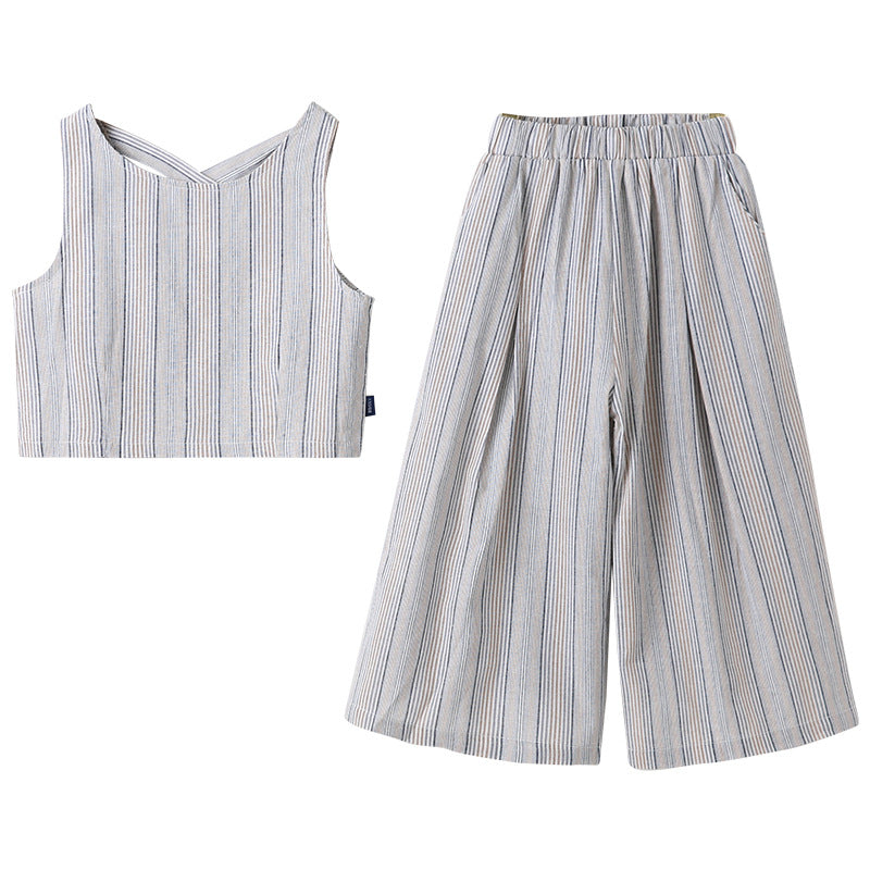 Girls Grey Striped Pure Cotton Top with Palazzos