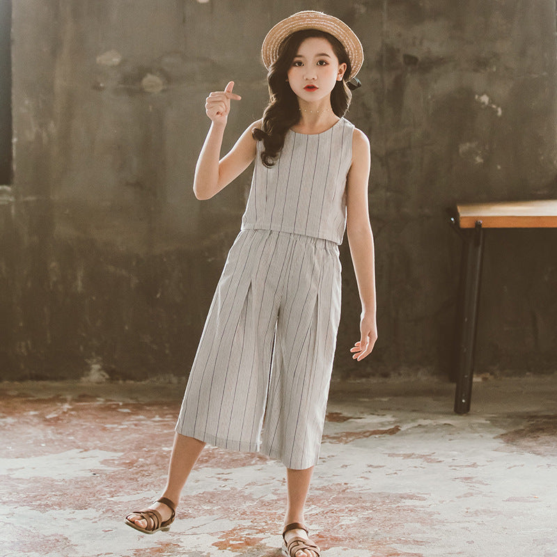 Girls Grey Striped Pure Cotton Top with Palazzos
