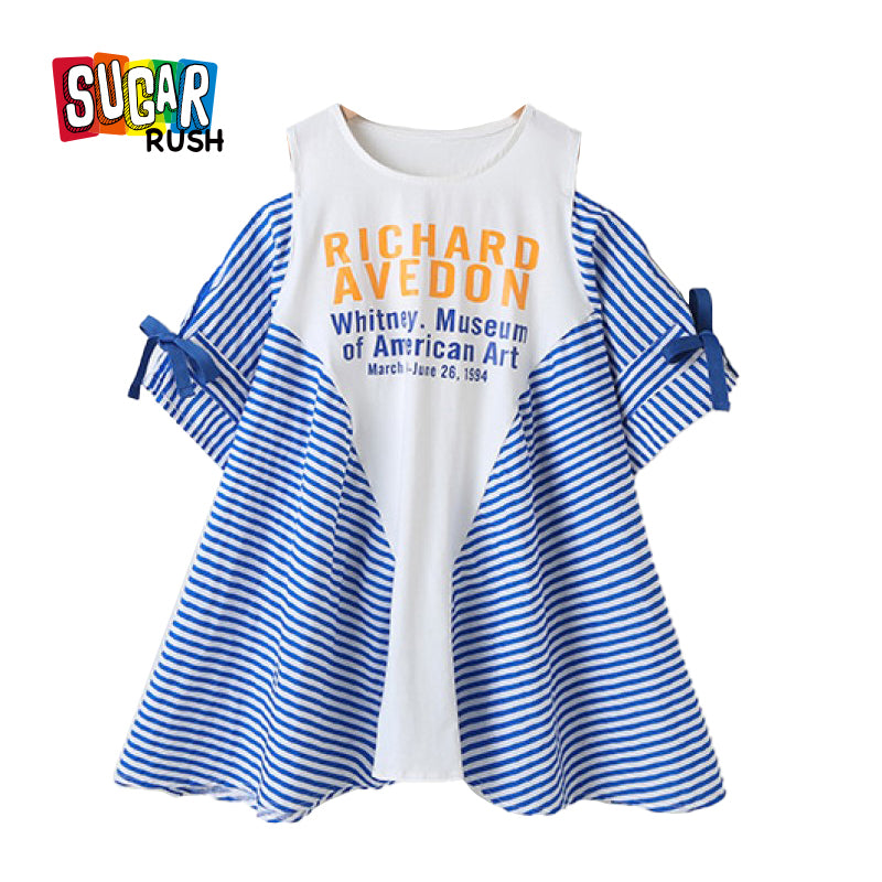 Girls Blue Round Neck Striped Printed Cold-Shoulder A-Line Dress