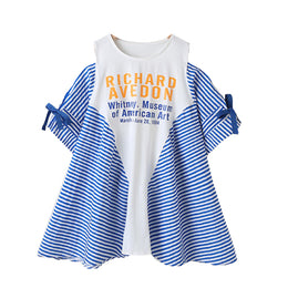 Girls Blue Round Neck Striped Printed Cold-Shoulder A-Line Dress