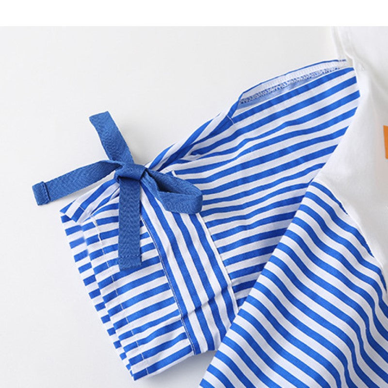 Girls Blue Round Neck Striped Printed Cold-Shoulder A-Line Dress