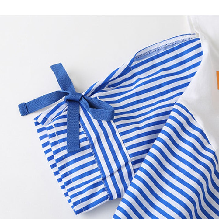 Girls Blue Round Neck Striped Printed Cold-Shoulder A-Line Dress
