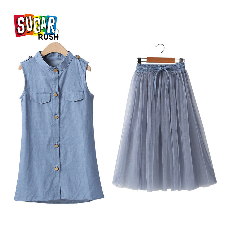 Girls Blue Mandarin Collar Pure Cotton Longline Top with Skirt