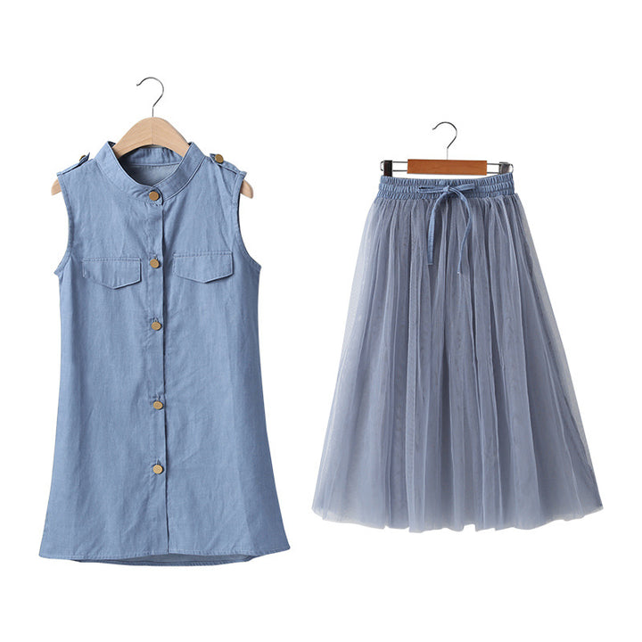 Girls Blue Mandarin Collar Pure Cotton Longline Top with Skirt