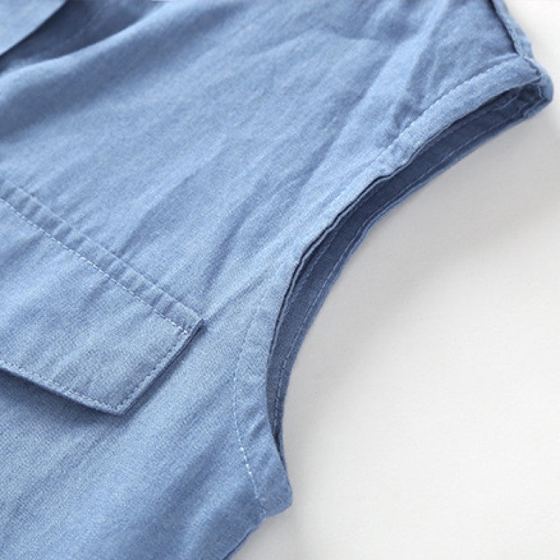 Girls Blue Mandarin Collar Pure Cotton Longline Top with Skirt