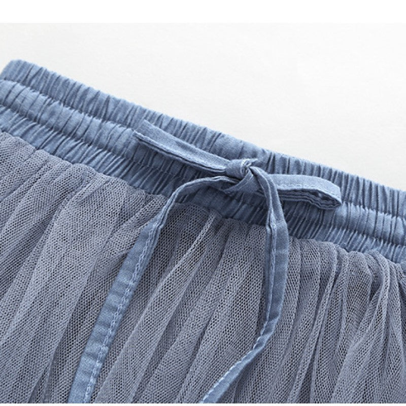 Girls Blue Mandarin Collar Pure Cotton Longline Top with Skirt