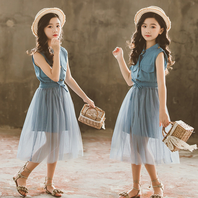 Girls Blue Mandarin Collar Pure Cotton Longline Top with Skirt