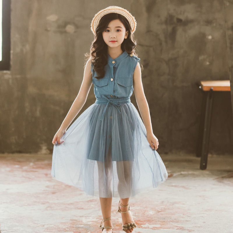 Girls Blue Mandarin Collar Pure Cotton Longline Top with Skirt