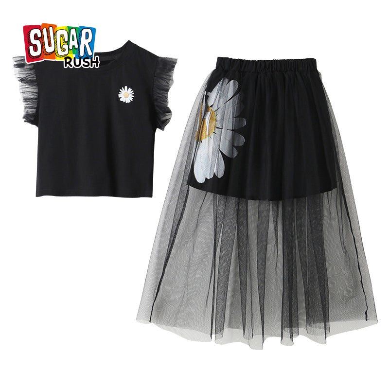Girls Black Pure Cotton Sleeveless Top with Skirt