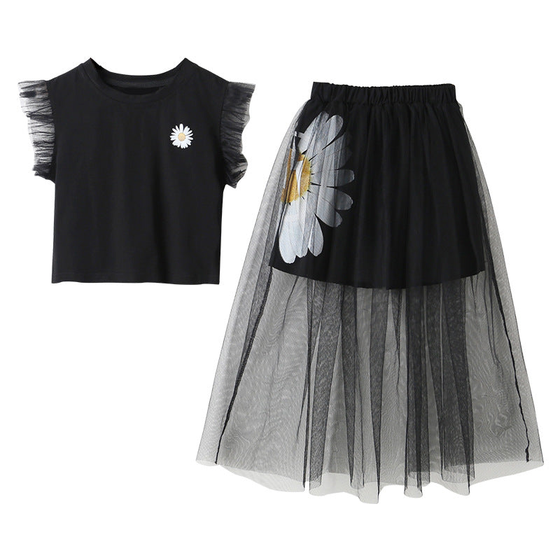 Girls Black Pure Cotton Sleeveless Top with Skirt
