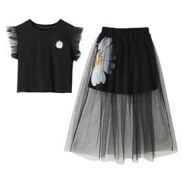 Girls Black Pure Cotton Sleeveless Top with Skirt
