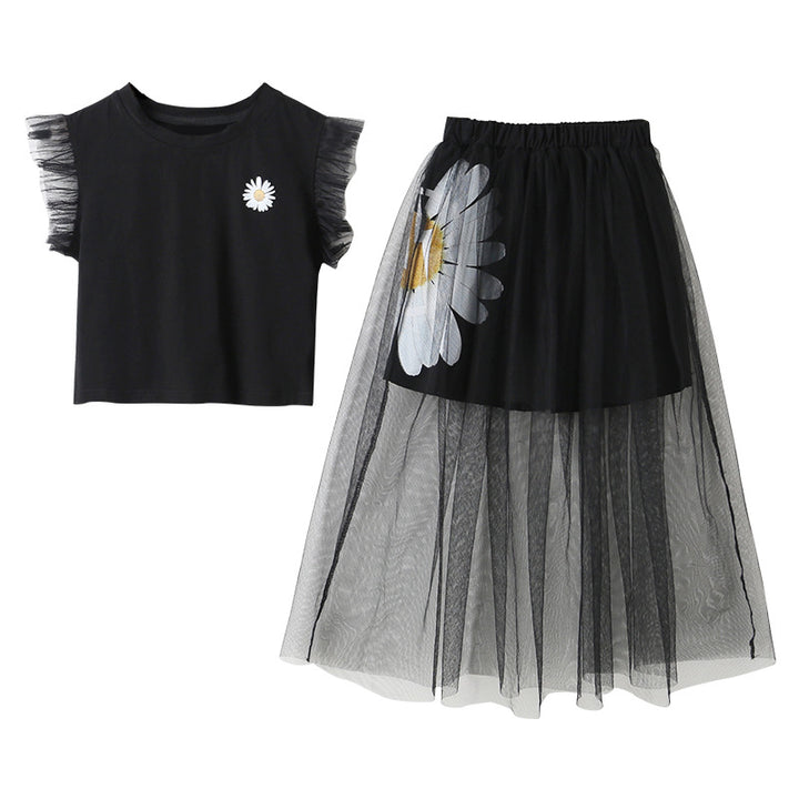 Girls Black Pure Cotton Sleeveless Top with Skirt