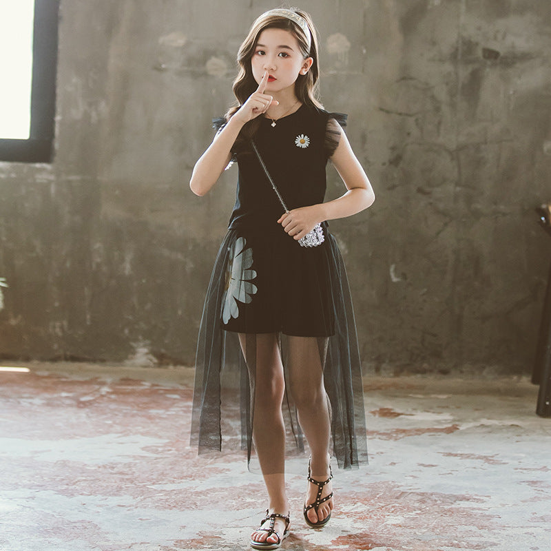 Girls Black Pure Cotton Sleeveless Top with Skirt