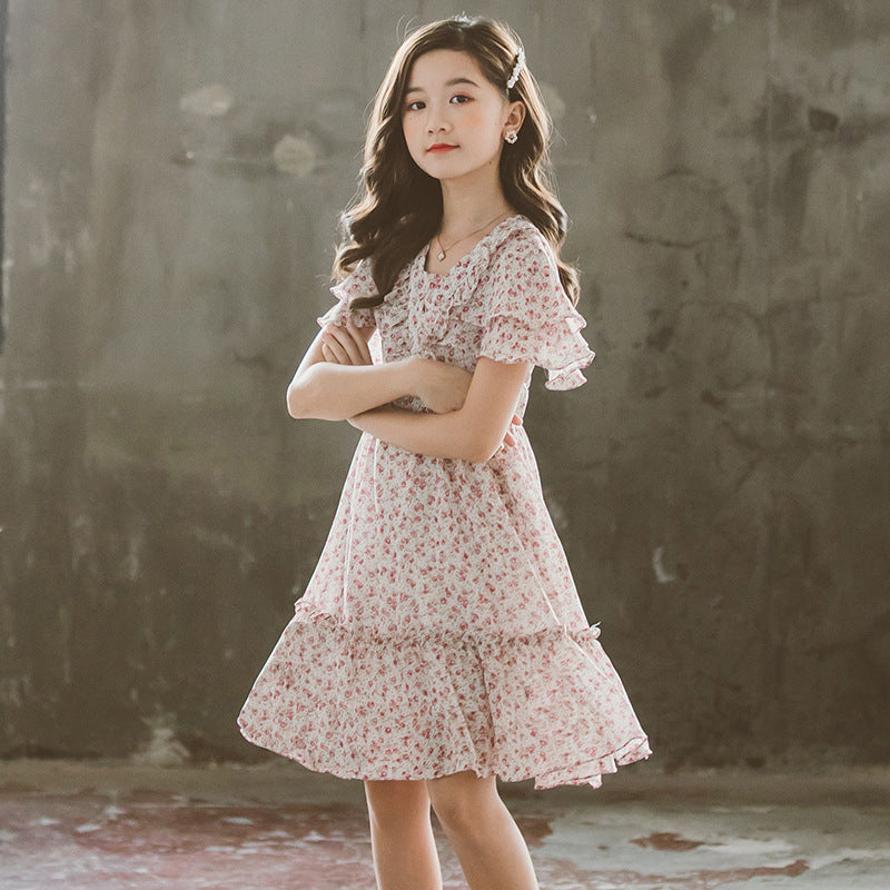 Pink Floral Printed Ruffled Cotton Fit & Flare Dress