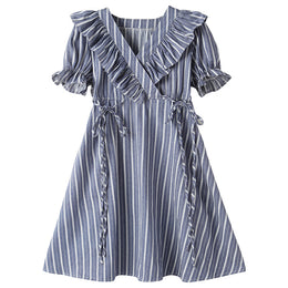 Girls Blue Striped V-Neck Puff Sleeve Ruffles Detail Cotton A-Line Dress