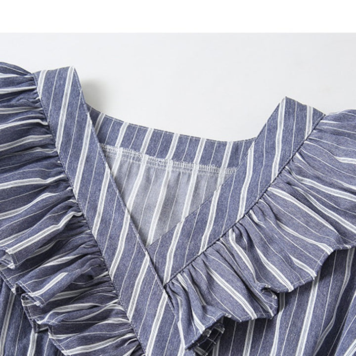 Girls Blue Striped V-Neck Puff Sleeve Ruffles Detail Cotton A-Line Dress