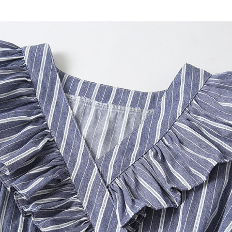 Girls Blue Striped V-Neck Puff Sleeve Ruffles Detail Cotton A-Line Dress