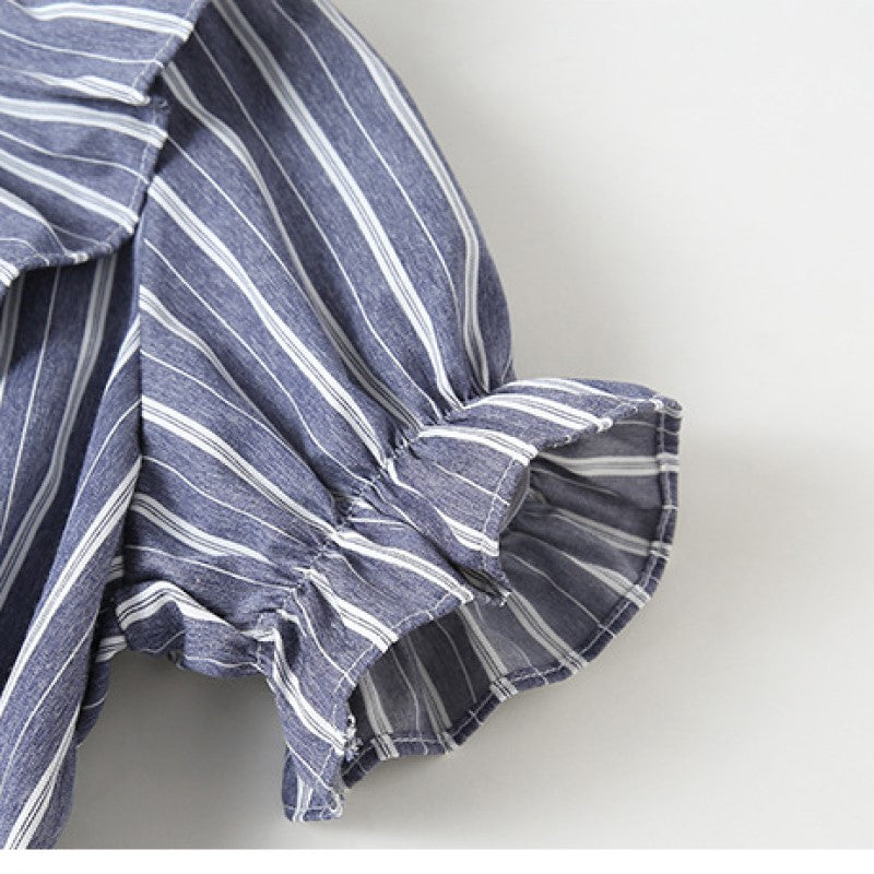 Girls Blue Striped V-Neck Puff Sleeve Ruffles Detail Cotton A-Line Dress
