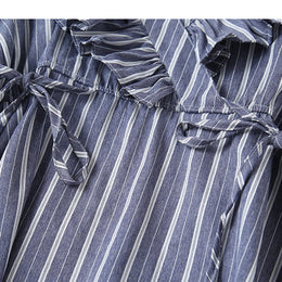 Girls Blue Striped V-Neck Puff Sleeve Ruffles Detail Cotton A-Line Dress