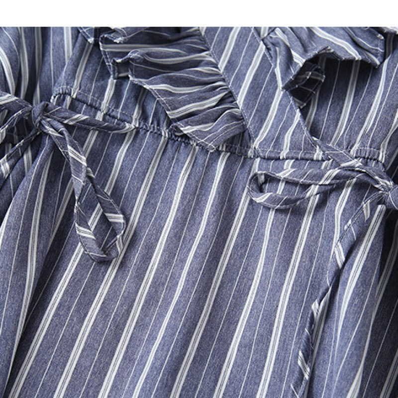 Girls Blue Striped V-Neck Puff Sleeve Ruffles Detail Cotton A-Line Dress