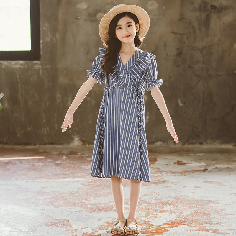 Girls Blue Striped V-Neck Puff Sleeve Ruffles Detail Cotton A-Line Dress