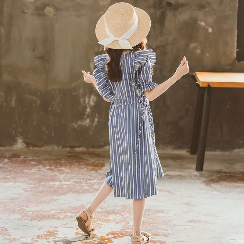 Girls Blue Striped V-Neck Puff Sleeve Ruffles Detail Cotton A-Line Dress